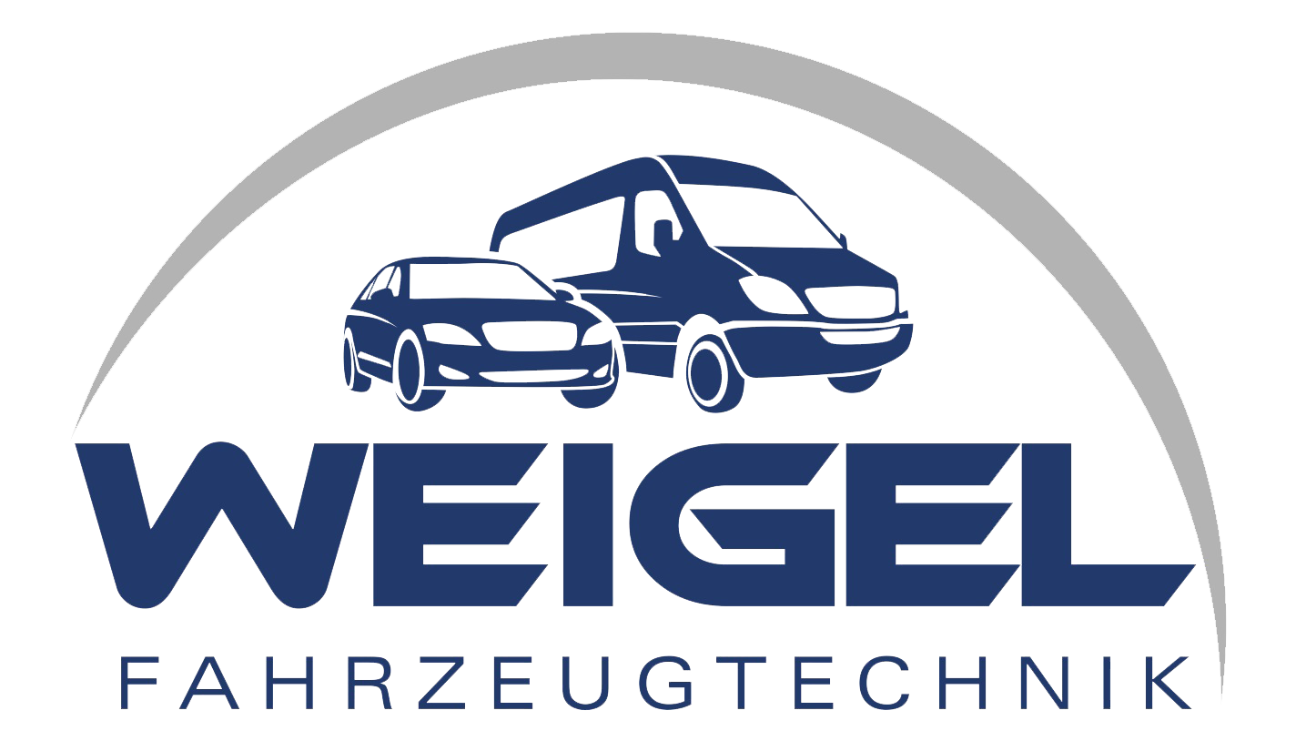 Ein Logo mit einem Auto, einem Lieferwagen und dem Text "Weigel Fahrzeugtechnik" in Blau.