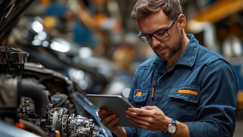 Automechaniker benutzt ein Tablet zur Fahrzeugdiagnose in der Werkstatt